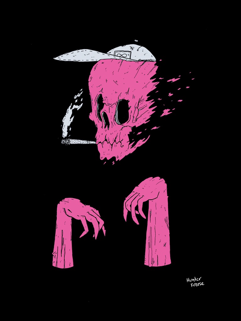 artwork depicting a pink skeleton wearing a hat and smoking by hunter freese