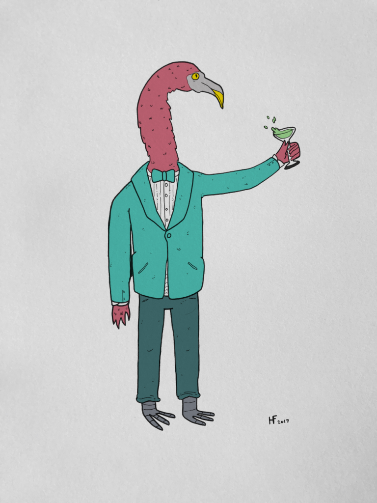 flamingo wearing a suit and holding a martini artwork by hunter freese