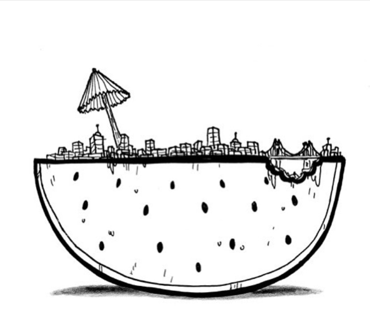 drawing of city on top of watermelon slice by hunter freese