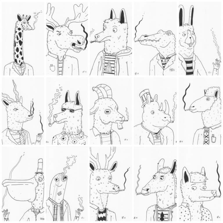 Drawing of various types of animals smoking
