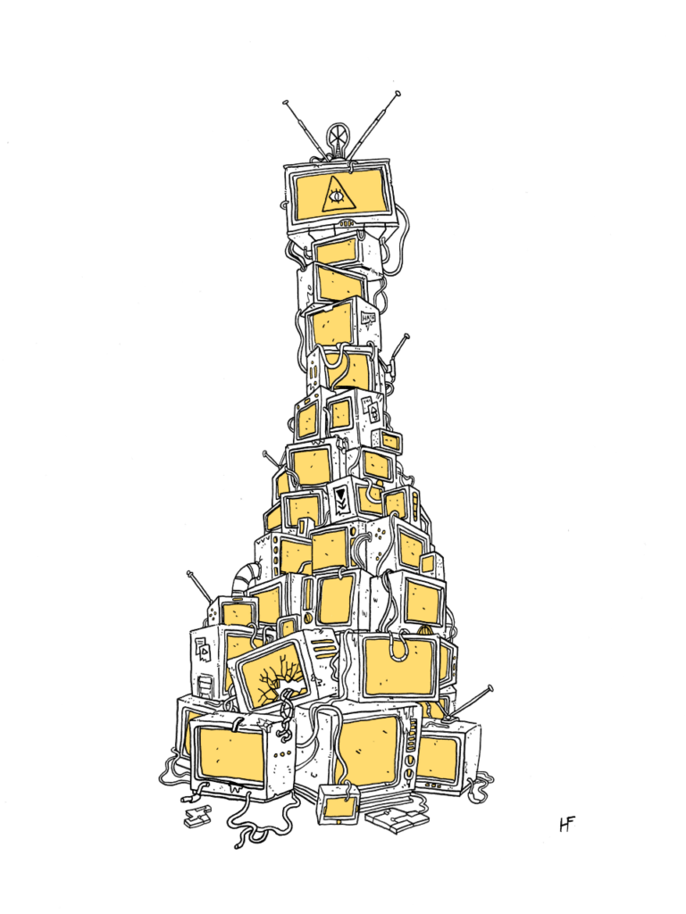 pyramid composed of televisions with yellow screens