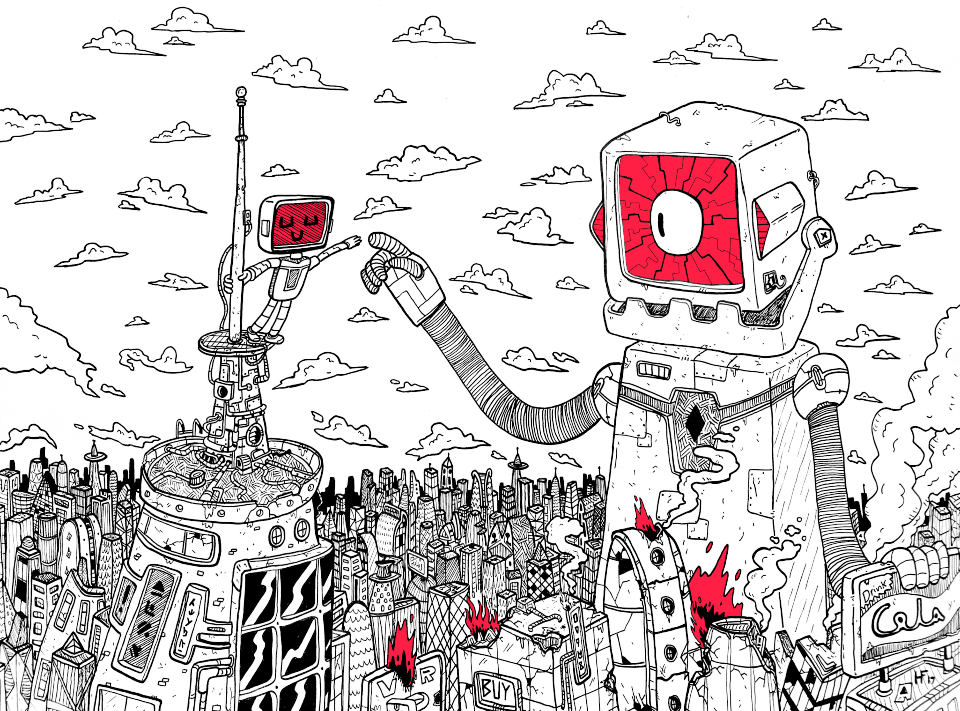 large robot touching small robot connection artwork by hunter freese