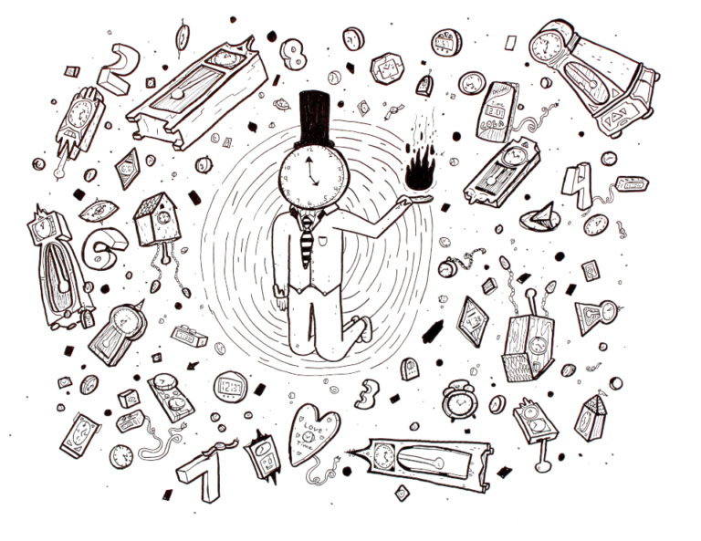drawing of man in hat surrounded by objects