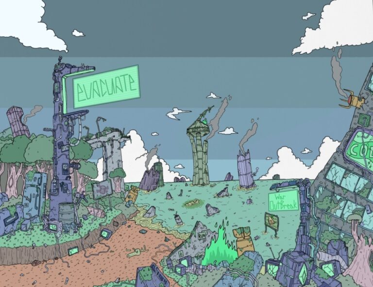 evacuate artwork by Hunter Freese with the word evacuate on a sign