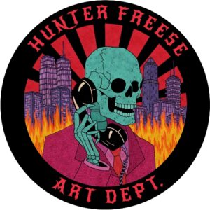 hunter freese art dept logo colorful graphic of skeleton holding phone with skyline and fire background