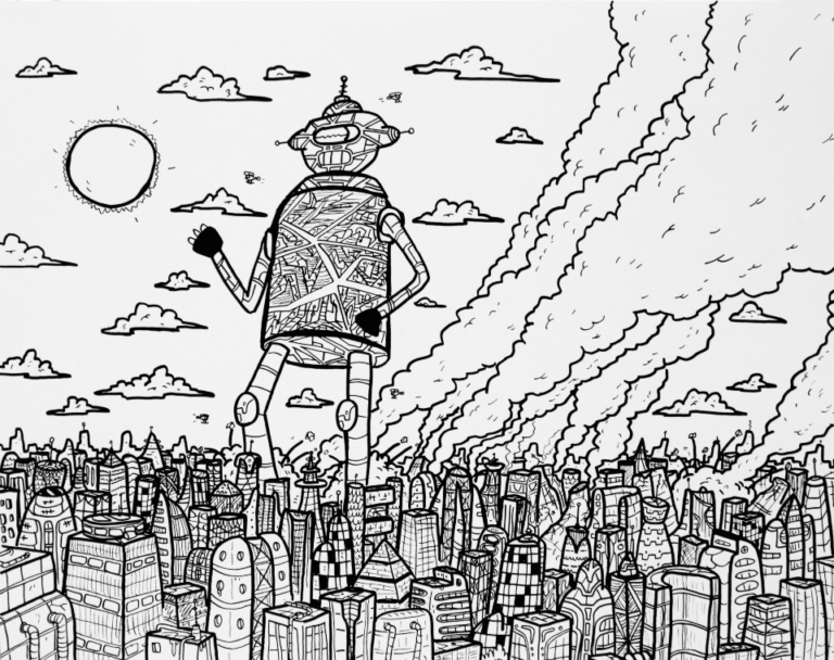 robot in downtown drawing by hunter freese